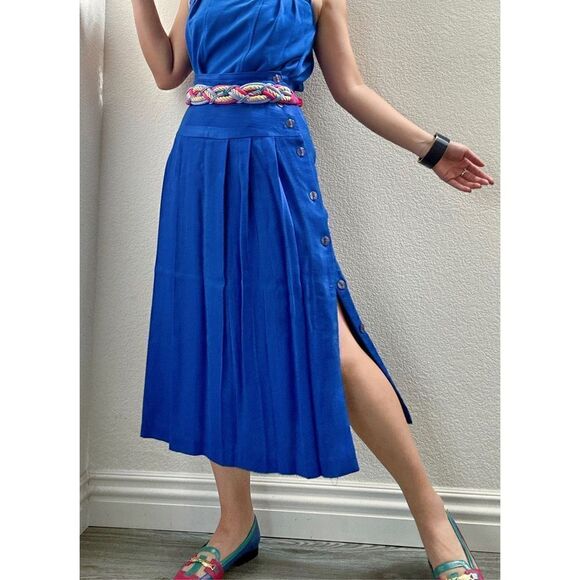Vintage 80s Michelle Stuart Klein Blue Knitted Pleated Midi Skirt Side Slit Size - Picture 2 of 7